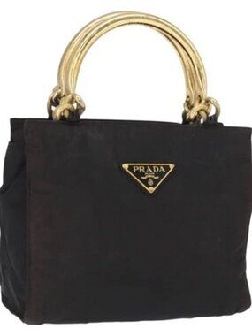 PRADA Hand Bag Nylon Black Gold Auth 168495